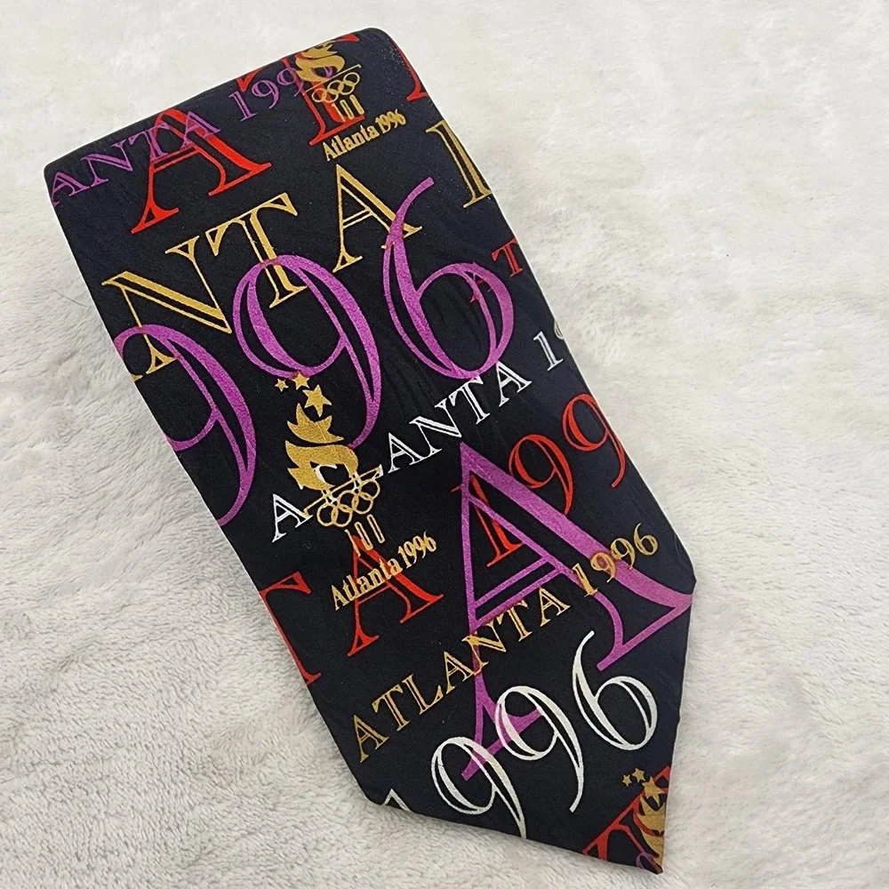 Vintage Olympics Tie  Atlanta 1996 Mens One Size Black Silk Necktie 90s USA Made